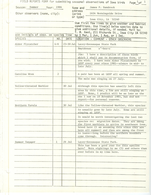 List of birds and locations contributed by James P. Sandrock. This item was used as supporting documentation for the Iowa Ornithologists Union Quarterly field report of summer 1986.