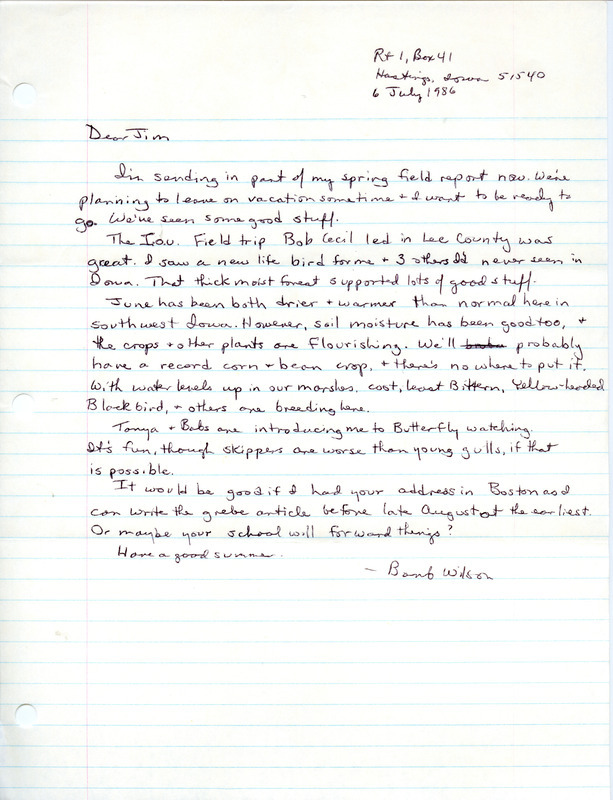 List of birds and locations contributed by Barbara L. Wilson with observers Tanya Bray, Babs Padelford and others. Included with the field notes is a letter from Barbara L. Wilson to James J. Dinsmore regarding her spring field report. This item was used as supporting documentation for the Iowa Ornithologists Union Quarterly field report of summer 1986.