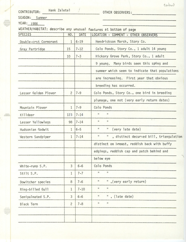 List of birds and locations contributed by Hank Zaletel. This item was used as supporting documentation for the Iowa Ornithologists Union Quarterly field report of summer 1986.