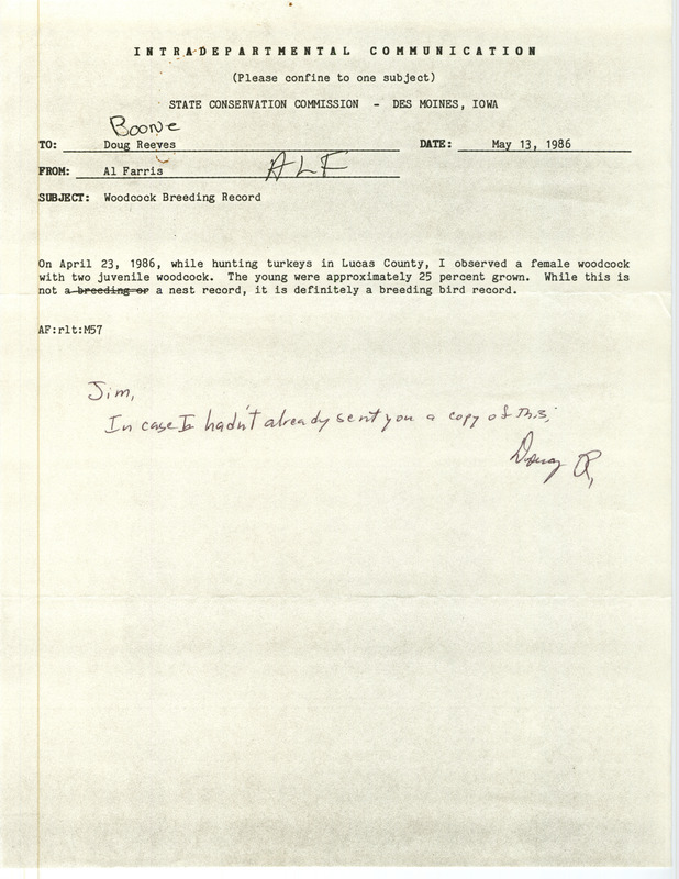 Allen L. Farris letter to Doug Reeves regarding his observation of a female American Woodcock with two juveniles in Lucas County. The author includes information that this is a breeding bird record. This item was used as supporting documentation for the Iowa Ornithologists Union Quarterly field report of summer 1986.