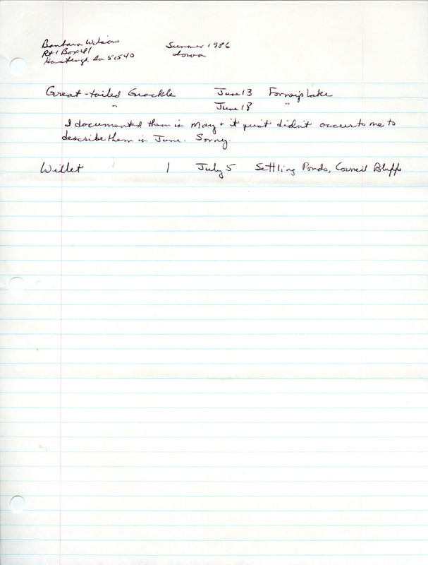 List of birds and locations contributed by Barbara L. Wilson. This item was used as supporting documentation for the Iowa Ornithologists Union Quarterly field report of summer 1986.