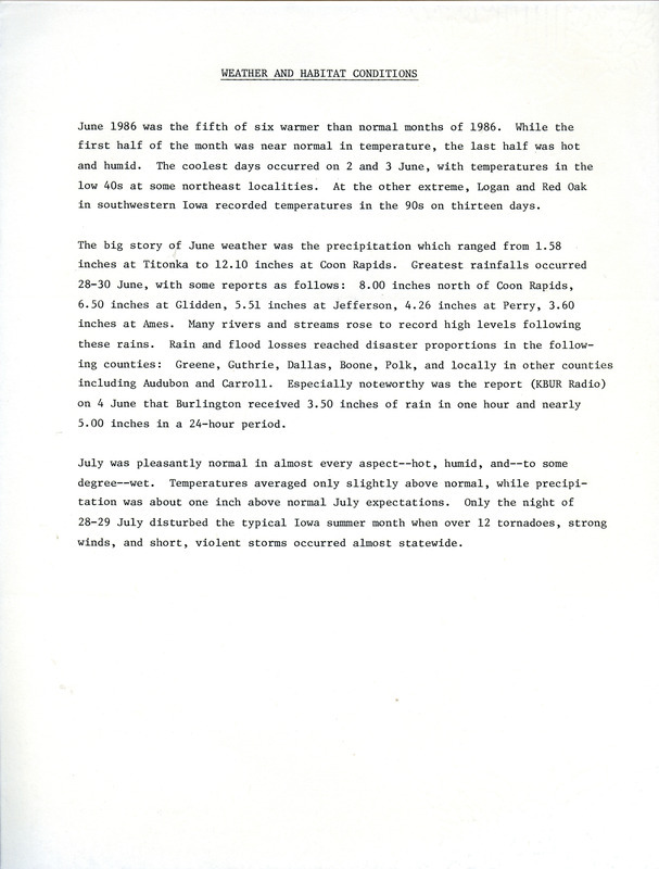 Letter from James P. Sandrock to James J. Dinsmore regarding his weather report for June and July 1986. The attached weather report notes above average temperatures and precipitation in June, his sighting of a Black-headed Grosbeak and his recent birding trips. This item was used as supporting documentation for the Iowa Ornithologists Union Quarterly field report of summer 1986.