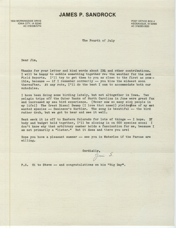 James P. Sandrock letter to James J. Dinsmore regarding his willingness to compile a weather report for summer 1986. The letter also mentions some recent birding trips he has taken. This item was used as supporting documentation for the Iowa Ornithologists Union Quarterly field report of summer 1986.