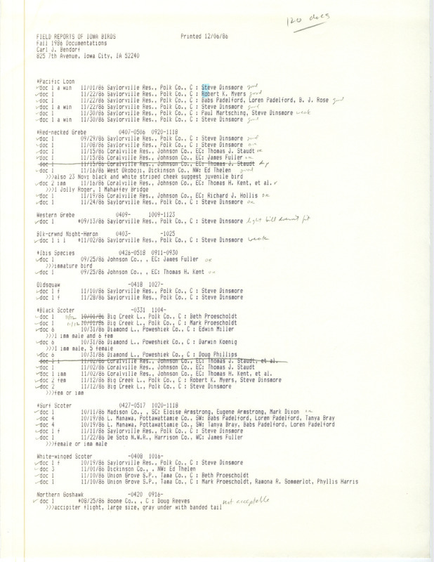 Bendorf lists birds sighted by various bird watchers across Iowa. This item was used as supporting documentation for the Iowa Ornithologists' Union Quarterly Report of fall 1986.