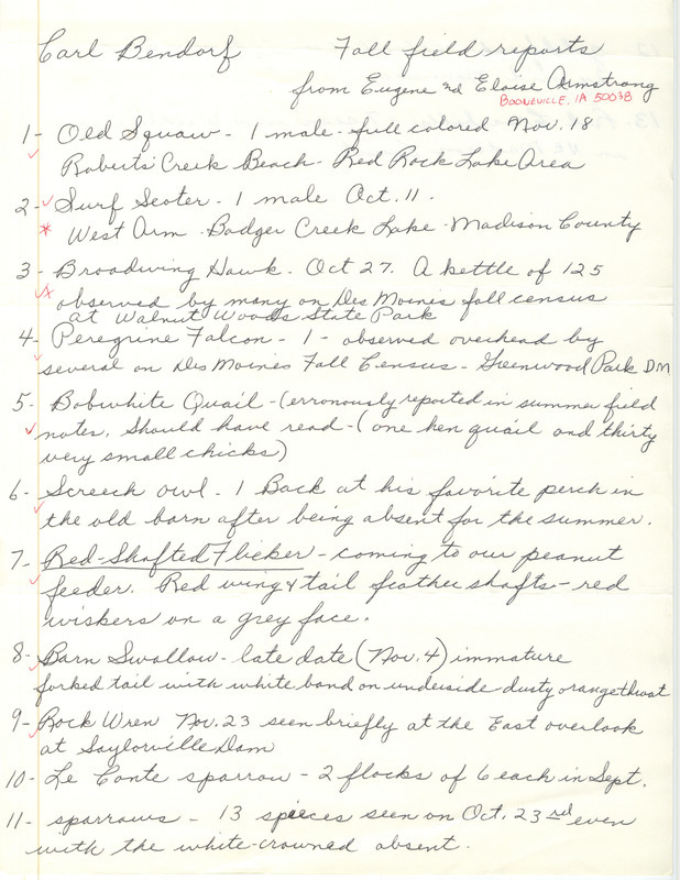 Armstrong lists various bird sightings made in central Iowa. This item was used as supporting documentation for the Iowa Ornithologists' Union Quarterly Report of fall 1986.