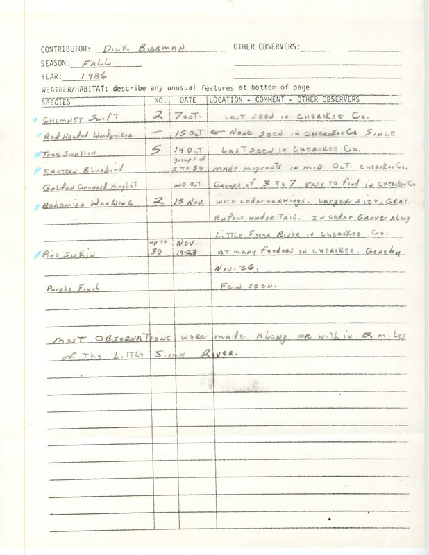 Field notes listing bird sightings in Cherokee County, mostly within 2 miles of the Little Sioux River. This item was used as supporting documentation for the Iowa Ornithologists' Union Quarterly Report of fall 1986.