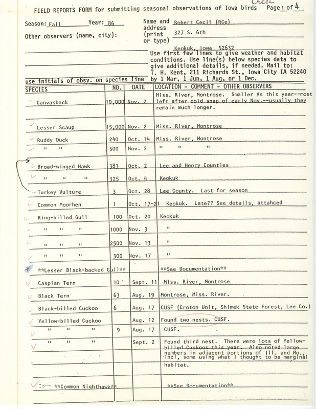 Field notes of bird sightings by Cecil and others, primarily in southeastern Iowa. This item was used as supporting documentation for the Iowa Ornithologists' Union Quarterly Report of fall 1986.