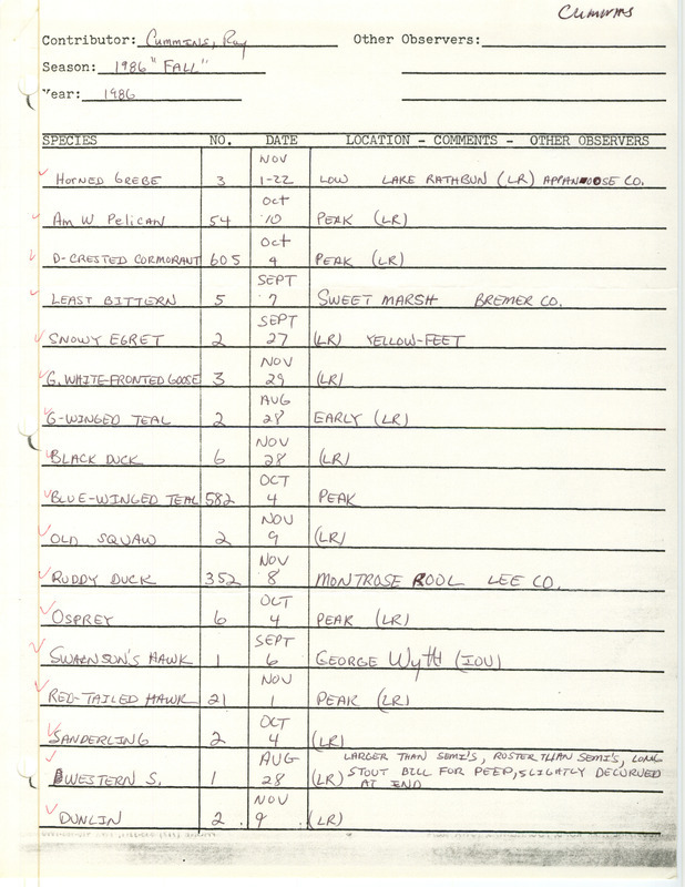 Cummins lists birds sightings primarily at Rathbun Lake and in Appanoose County. This item was used as supporting documentation for the Iowa Ornithologists' Union Quarterly Report of fall 1986.