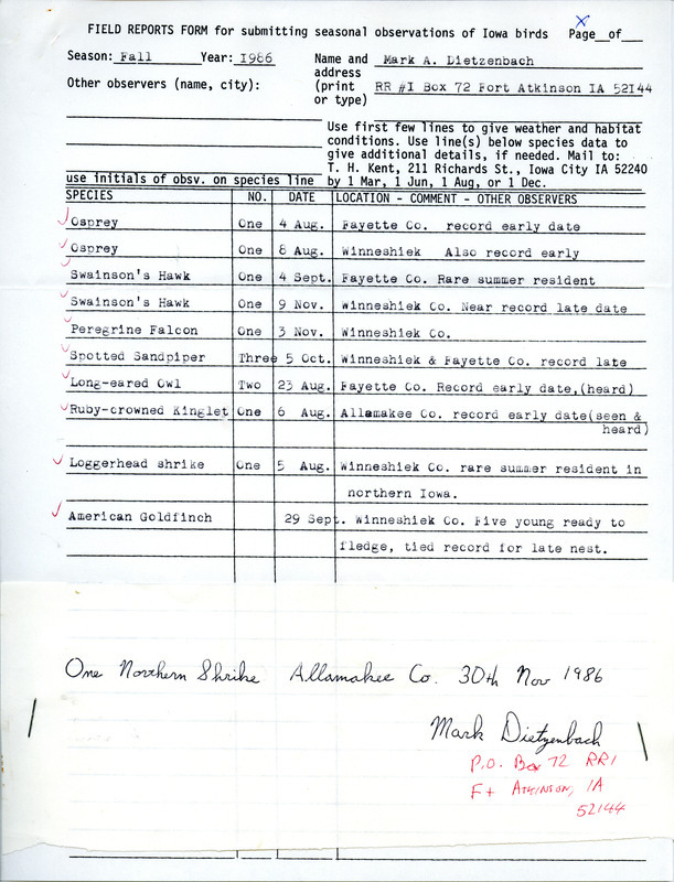 Dietzenbach lists birds spotted in northeast Iowa during fall 1986. This item was used as supporting documentation for the Iowa Ornithologists' Union Quarterly Report of fall 1986.