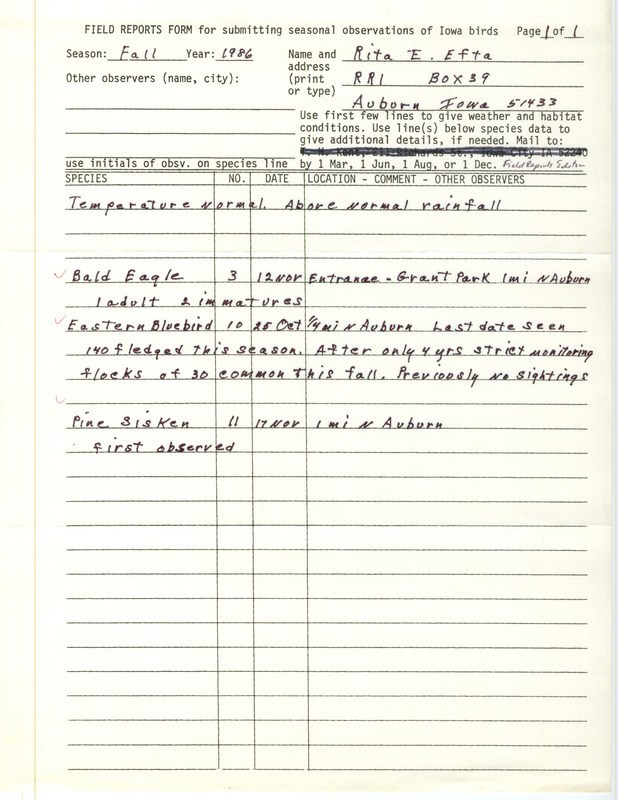 Efta lists sightings of Bald Eagles, Pine Siskins, and a sizeable population of Eastern Bluebirds, all in the vicinity of Auburn, Iowa. This item was used as supporting documentation for the Iowa Ornithologists' Union Quarterly Report of fall 1986.