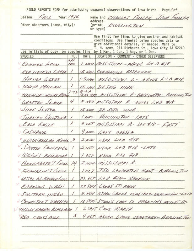 Fuller lists various bird sightings made primarily in southeast Iowa. This item was used as supporting documentation for the Iowa Ornithologists' Union Quarterly Report of fall 1986.