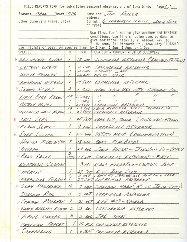 Fuller lists various birds sighted during the fall season, including an albino Barred Owl. This item was used as supporting documentation for the Iowa Ornithologists' Union Quarterly Report of fall 1986.