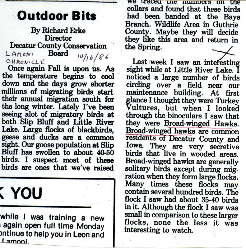 Gillaspey writes about a report of Broad-winged Hawks at Little River Lake. He includes a clipping of the report printed in the Lamoni Chronicle on October 16, 1986. This item was used as supporting documentation for the Iowa Ornithologists' Union Quarterly Report of fall 1986.