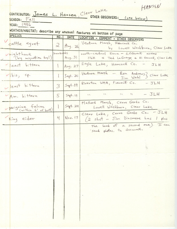 Hansen lists various birds sighted by himself and others. This item was used as supporting documentation for the Iowa Ornithologists' Union Quarterly Report of fall 1986.