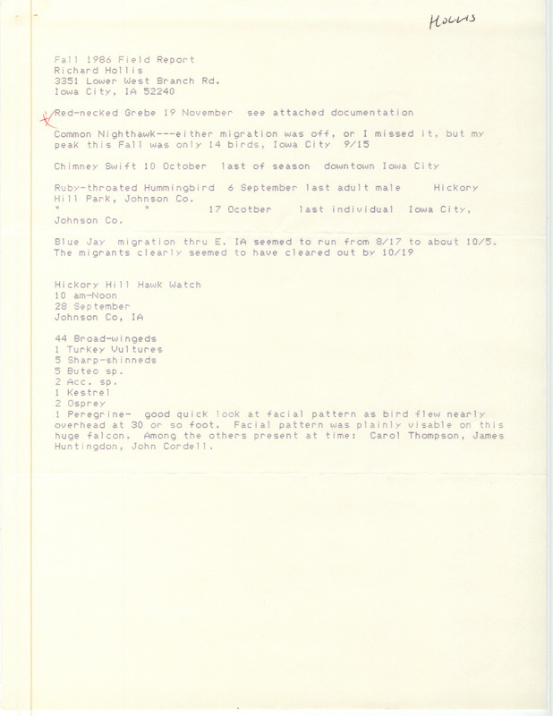 Hollis lists various birds seen in Iowa City, including many raptors seen as part the Hickory Hill Hawk Watch on September 28, 1986. This item was used as supporting documentation for the Iowa Ornithologists' Union Quarterly Report of fall 1986.