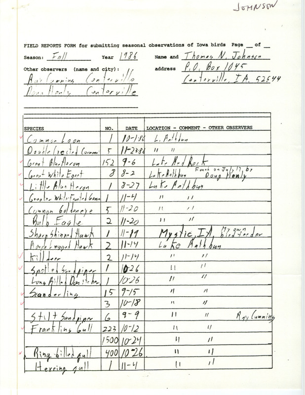 List of birds and locations contributed by Tom Johnson with observer Raymond L. Cummins. This item was used as supporting documentation for the Iowa Ornithologists Union Quarterly field report of fall 1986.