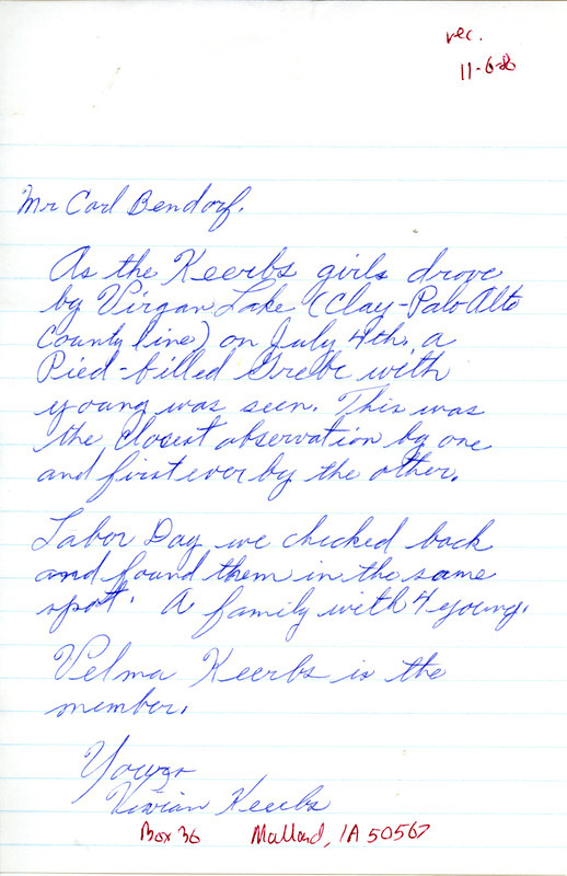 Letter from William Barker to Thomas Kent dated March 9, 1986. In this letter Barker reports seeing a flock of Sandhill Cranes flying in a V pattern. This item was used as supporting documentation for the Iowa Ornithologists Union Quarterly field report of Spring 1986.