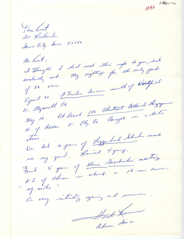 Field notes contributed by Hank Krause in a letter to Thomas H. Kent. This item was submitted past the deadline for the Iowa Ornithologists Union Quarterly field report of spring 1986.