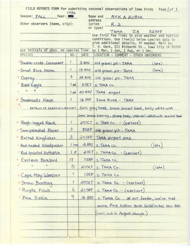 List of birds and locations contributed by Nicholas A. Kubik. This item was used as supporting documentation for the Iowa Ornithologists Union Quarterly field report of fall 1986.