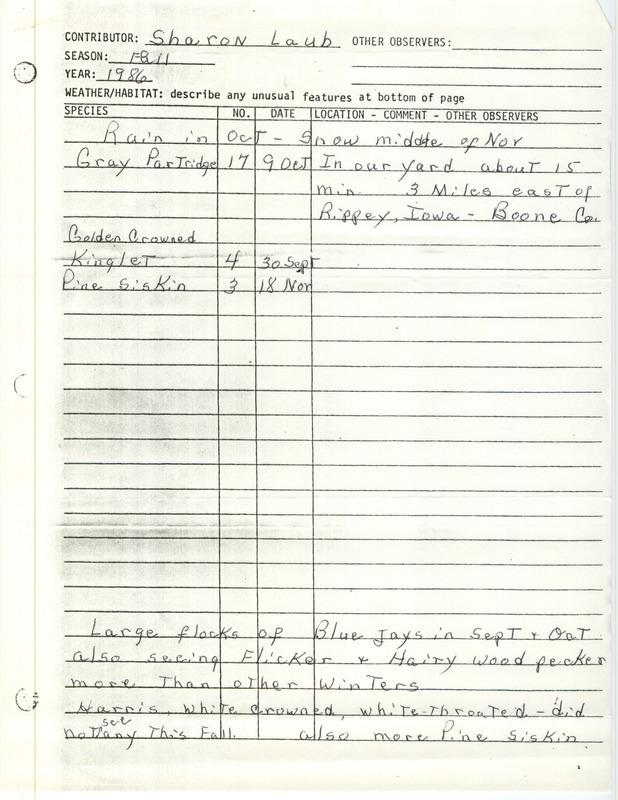 List of birds and locations contributed by Sharon Laub. This item was used as supporting documentation for the Iowa Ornithologists Union Quarterly field report of fall 1986.