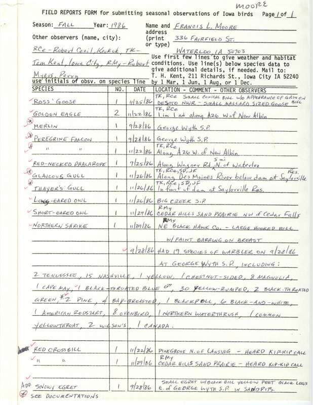 List of birds and locations contributed by Francis L. Moore with observers Robert I. Cecil, Thomas H. Kent and Robert K. Myers. This item was used as supporting documentation for the Iowa Ornithologists Union Quarterly field report of fall 1986.