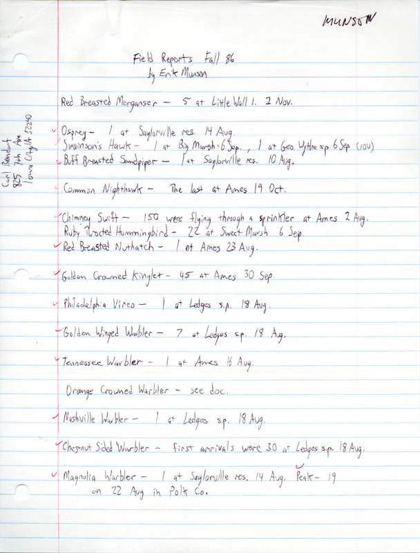 List of birds and locations contributed by Erik Munson. This item was used as supporting documentation for the Iowa Ornithologists Union Quarterly field report of fall 1986.