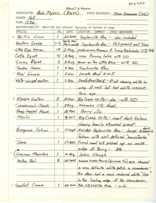 List of birds and locations contributed by Robert K. Myers with observer Stephen J. Dinsmore. The field notes include several bird descriptions. This item was used as supporting documentation for the Iowa Ornithologists Union Quarterly field report of fall 1986.