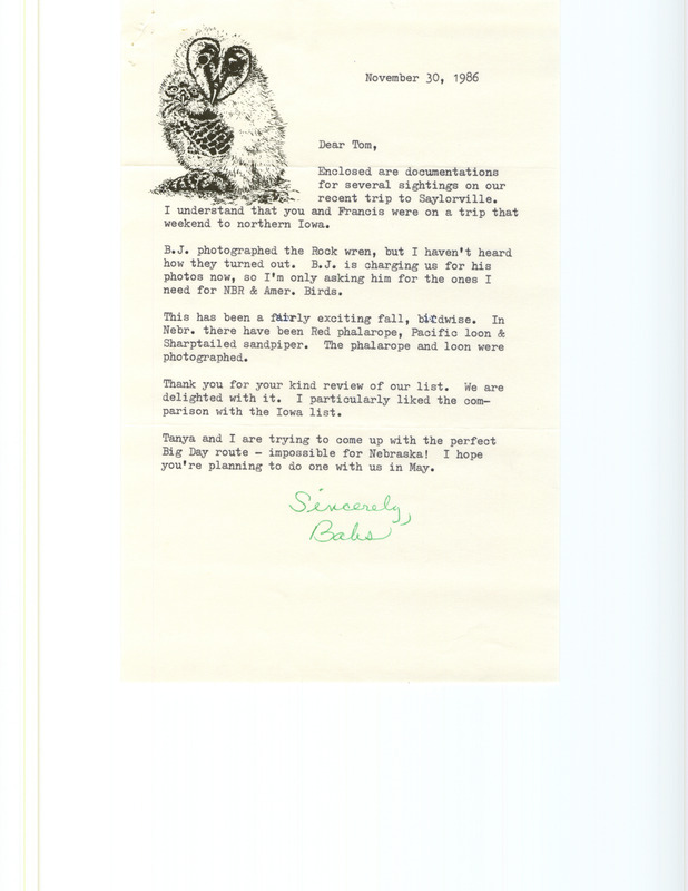 List of birds and locations contributed by Babs Padelford and Loren Padelford. Included with the field notes is a letter from Babs Padelford to Thomas H. Kent regarding a photograph of a Rock Wren. A list of birds and locations from B. J. Rose is also attached. This item was used as supporting documentation for the Iowa Ornithologists Union Quarterly field report of fall 1986.