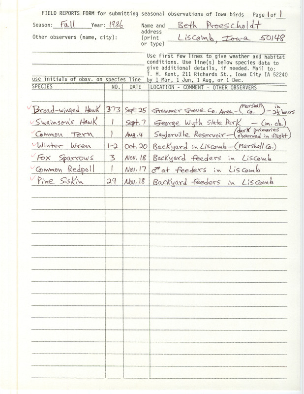 List of birds and locations contributed by Beth Proescholdt. This item was used as supporting documentation for the Iowa Ornithologists Union Quarterly field report of fall 1986.