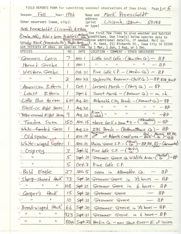 List of birds and locations contributed by Mark Proescholdt with observers Beth Proescholdt, B.J. Rose, Babs Padelford, Loren Padelford and others. Field notes include sighting of an Albino Barred Owl in Hardin County. This item was used as supporting documentation for the Iowa Ornithologists Union Quarterly field report of fall 1986.