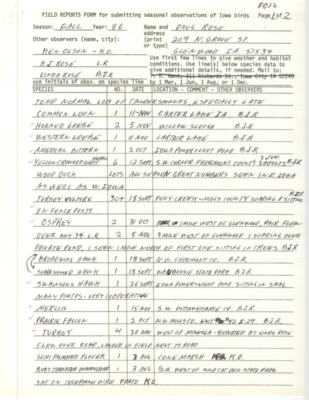 List of birds and locations contributed by Douglas Rose with observers B.J. Rose, Linda Rose and Ken Olson. This item was used as supporting documentation for the Iowa Ornithologists Union Quarterly field report of fall 1986.