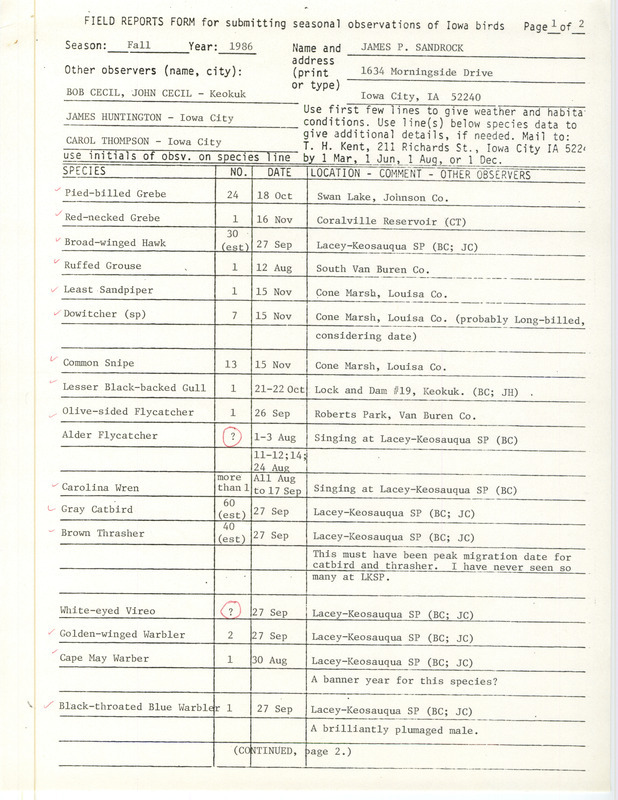 List of birds and locations contributed by James P. Sandrock with observers Robert I. Cecil, John Cecil, James Huntington and Carol A. Thompson. This item was used as supporting documentation for the Iowa Ornithologists Union Quarterly field report of fall 1986.