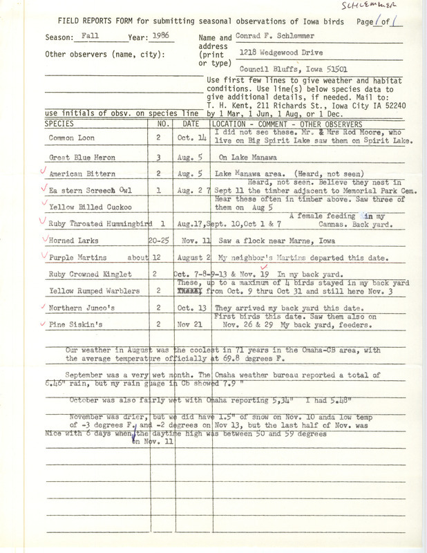 List of birds and locations contributed by Conrad F. Schlemmer. This item was used as supporting documentation for the Iowa Ornithologists Union Quarterly field report of fall 1986.