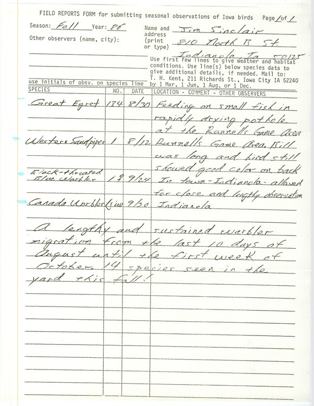 List of birds and locations contributed by Jim Sinclair. This item was used as supporting documentation for the Iowa Ornithologists Union Quarterly field report of fall 1986.