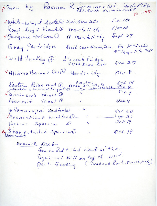 List of birds and locations contributed by Ramona R. Sommerlot. Field notes include sighting of an Albino Barred Owl in Hardin County. This item was used as supporting documentation for the Iowa Ornithologists Union Quarterly field report of fall 1986.