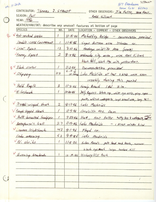 List of birds and locations contributed by Thomas J. Staudt with observers James L. Fuller, Thomas H. Kent and W. Ross Silcock. This item was used as supporting documentation for the Iowa Ornithologists Union Quarterly field report of fall 1986.