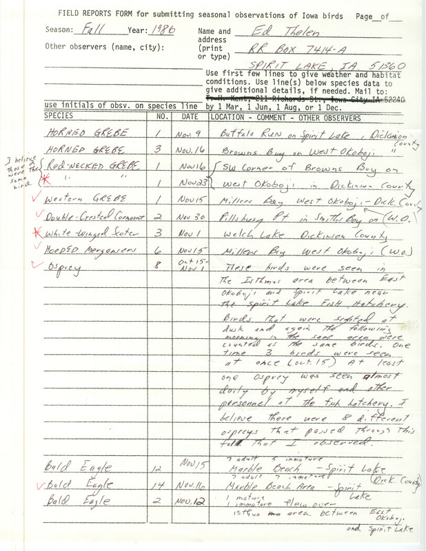 List of birds and locations contributed by Ed Thelen. This item was used as supporting documentation for the Iowa Ornithologists Union Quarterly field report of fall 1986.