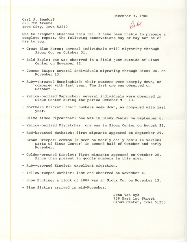 Field notes contributed by John Van Dyke in a letter to Carl J. Bendorf. This item was used as supporting documentation for the Iowa Ornithologists Union Quarterly field report of fall 1986.