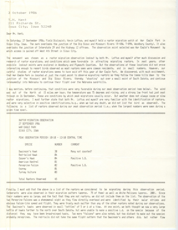 Douglas E. Trapp letter to Thomas H. Kent regarding a raptor migration watch at War Eagle Park in Sioux City, Iowa with field biologist Kevin J. Loftus. It includes other topics such as weather conditions and raptor migration patterns. This item was used as supporting documentation for the Iowa Ornithologists Union Quarterly field report of fall 1986.