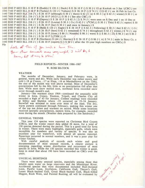 Quarterly field report for the winter 1986-1987 titled "Field reports--winter 1986-1987" contributed by W. Ross Silcock. The report is heavily annotated. A total of 150 species were detected during the winter reporting period.