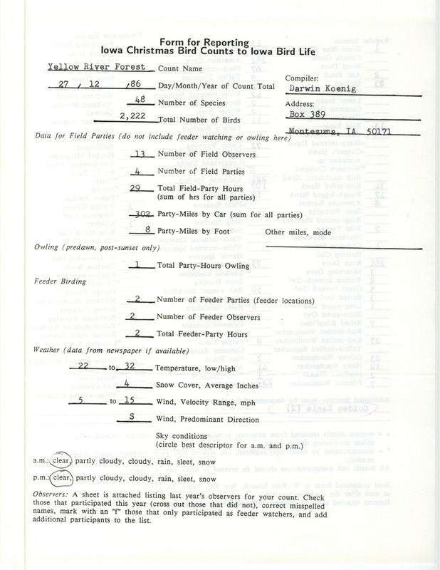 Iowa Christmas bird counts of regular and uncommon species found in Yellow River State Forest contributed by Darwin Koenig, December 27, 1986. This item was used as supporting documentation for the Iowa Ornithologists Union Quarterly field report of winter 1986-1987.