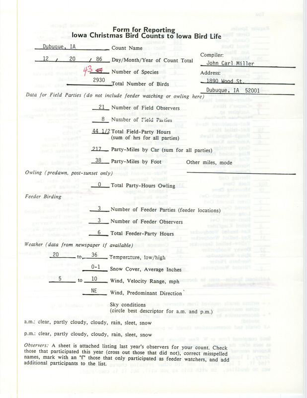 Iowa Christmas bird counts of regular and uncommon species found in Dubuque contributed by John Carl Miller, December 20, 1986. This item was used as supporting documentation for the Iowa Ornithologists Union Quarterly field report of winter 1986-1987.