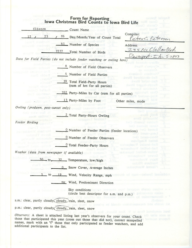 Iowa Christmas bird counts of regular and uncommon species found in Clinton contributed by Peter C. Petersen, December 23, 1986. This item was used as supporting documentation for the Iowa Ornithologists Union Quarterly field report of winter 1986-1987.