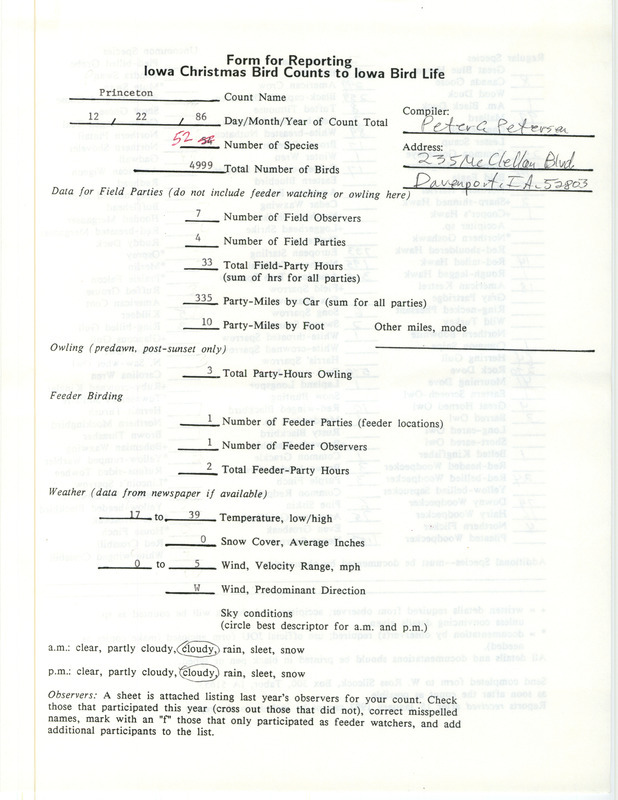 Iowa Christmas bird counts of regular and uncommon species found in Princeton contributed by Peter C. Petersen, December 22, 1986. This item was used as supporting documentation for the Iowa Ornithologists Union Quarterly field report of winter 1986-1987.