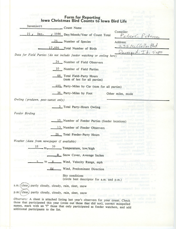 Iowa Christmas bird counts of regular and uncommon species found in Davenport contributed by Peter C. Petersen, December 21, 1986. This item was used as supporting documentation for the Iowa Ornithologists Union Quarterly field report of winter 1986-1987.