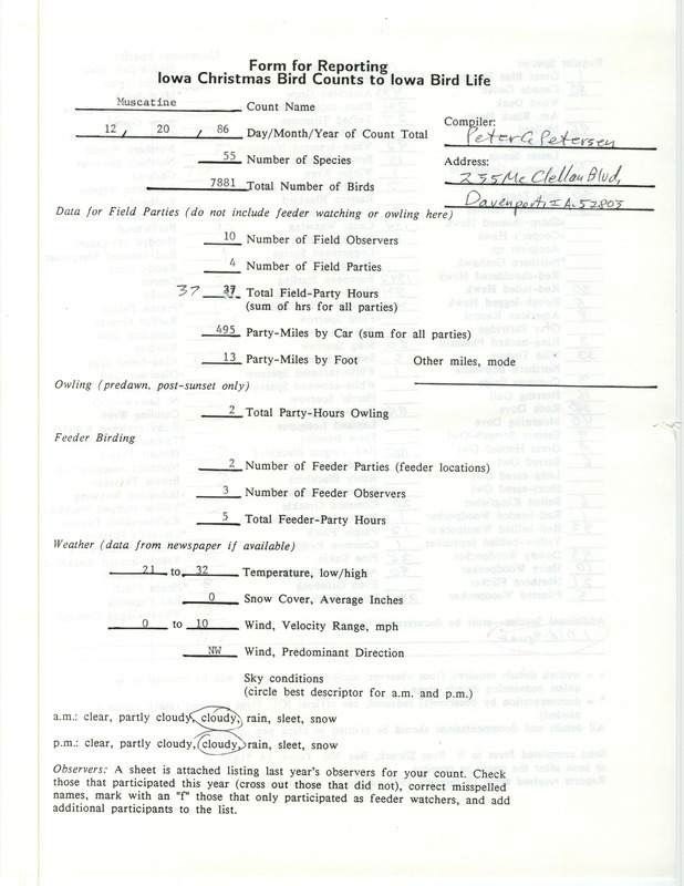 Iowa Christmas bird counts of regular and uncommon species found in Muscatine contributed by Peter C. Petersen, December 20, 1986. This item was used as supporting documentation for the Iowa Ornithologists Union Quarterly field report of winter 1986-1987.