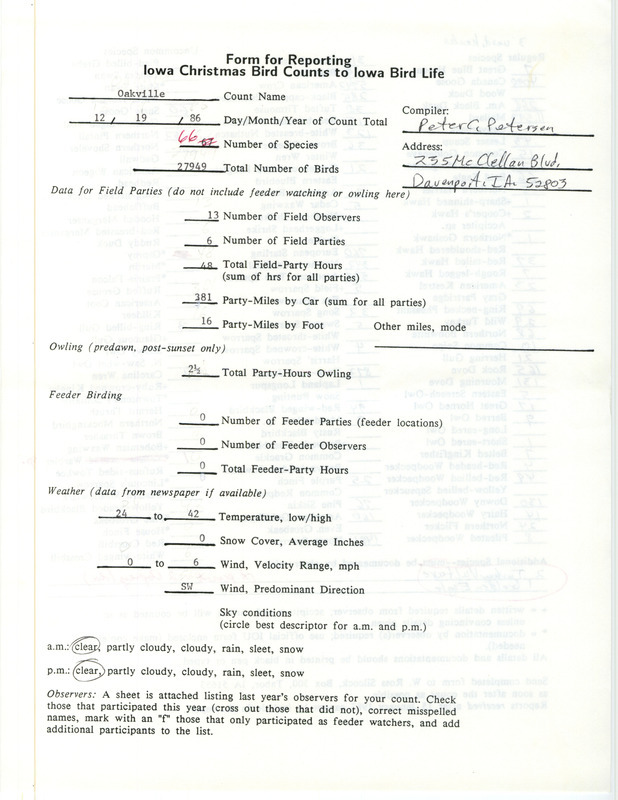 Iowa Christmas bird counts of regular and uncommon species found in Oakville contributed by Peter C. Petersen, December 19, 1986. This item was used as supporting documentation for the Iowa Ornithologists Union Quarterly field report of winter 1986-1987.