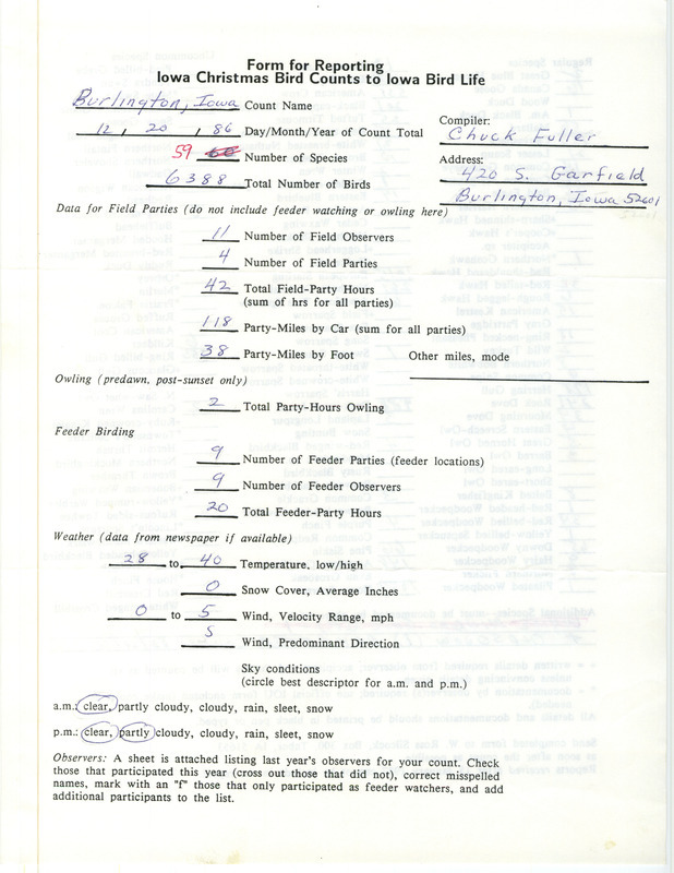 Iowa Christmas bird counts of regular and uncommon species found in Burlington contributed by Charles Fuller, December 20, 1986. This item was used as supporting documentation for the Iowa Ornithologists Union Quarterly field report of winter 1986-1987.