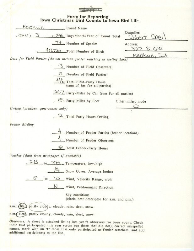 Iowa Christmas bird counts of regular and uncommon species found in Keokuk contributed by Robert I. Cecil, January 3, 1987. This item was used as supporting documentation for the Iowa Ornithologists Union Quarterly field report of winter 1986-1987.