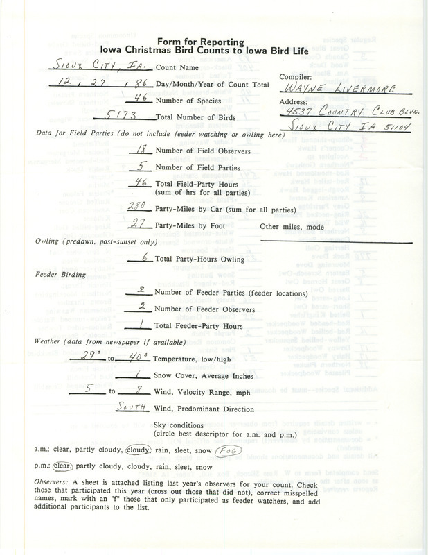 Iowa Christmas bird counts of regular and uncommon species found in Sioux City contributed by Wayne Livermore, December 27, 1986. This item was used as supporting documentation for the Iowa Ornithologists Union Quarterly field report of winter 1986-1987.